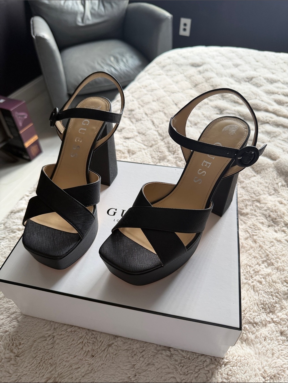 Guess Black Platform Block Heel Sandals with Ankle Strap - Picture 2 of 4